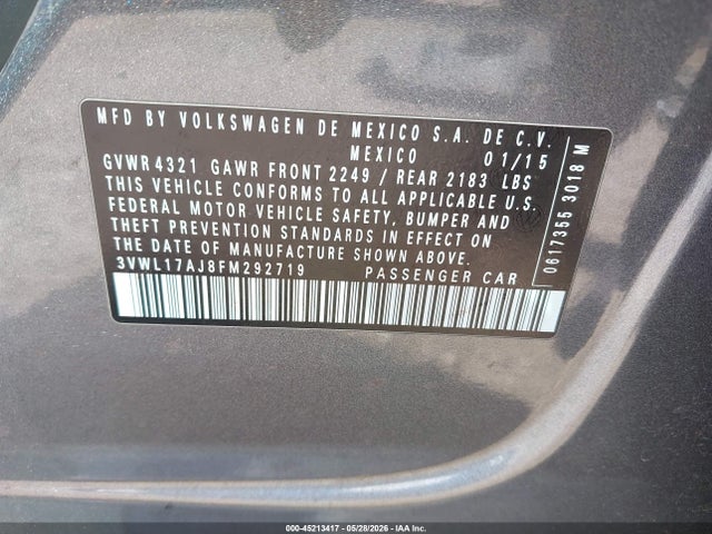 Продаж на аукціоні авто 2015 Volkswagen Jetta 1.8t Sel, vin: 3VWL17AJ8FM292719, номер лоту: 45213417