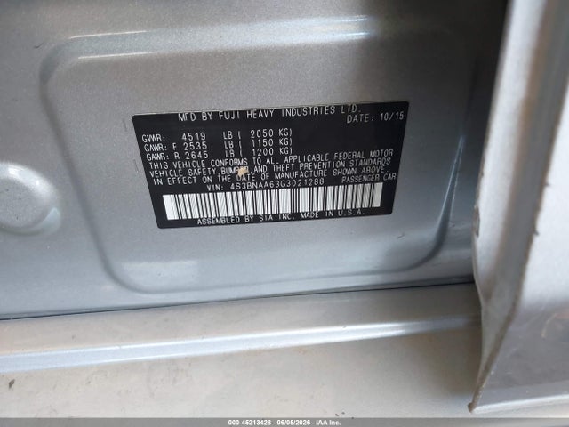 2016 Subaru Legacy 2.5i მანქანა იყიდება აუქციონზე, vin: 4S3BNAA63G3021288, აუქციონის ნომერი: 45213428