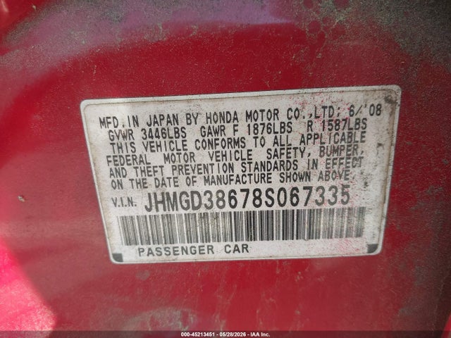 Продаж на аукціоні авто 2008 Honda Fit Sport, vin: JHMGD38678S067335, номер лоту: 45213451