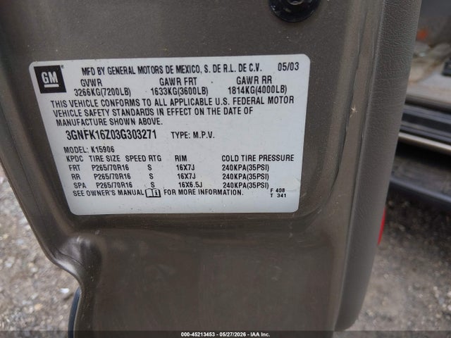 45213453 :رقم المزاد ، 3GNFK16Z03G303271 vin ، 2003 Chevrolet Suburban K1500 مزاد بيع