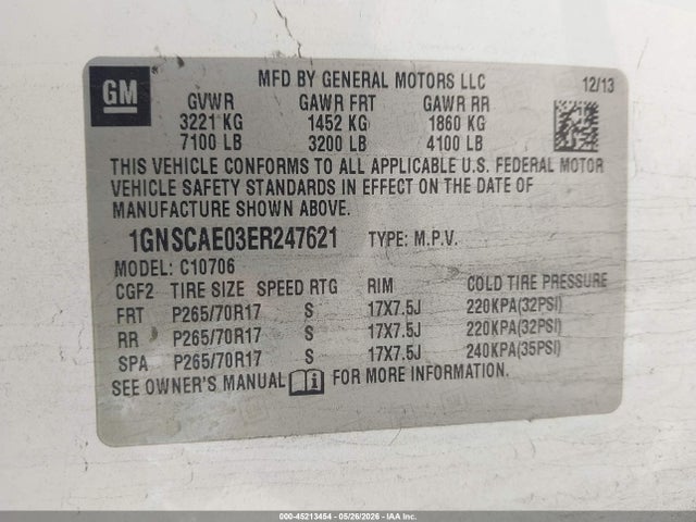 2014 Chevrolet Tahoe Ls მანქანა იყიდება აუქციონზე, vin: 1GNSCAE03ER247621, აუქციონის ნომერი: 45213454