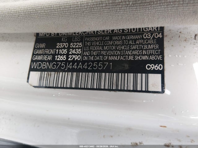 Продаж на аукціоні авто 2004 Mercedes-benz S 500, vin: WDBNG75J44A425571, номер лоту: 45213462