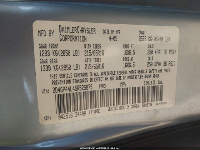 Aukcja sprzedaży 2005 Dodge Grand Caravan Sxt, vin: 2D4GP44L45R525875, numer aukcji: 45213463