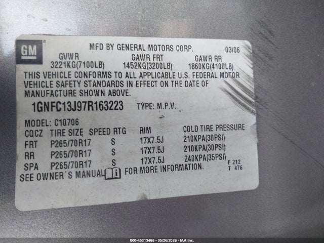 2007 Chevrolet Tahoe Ls მანქანა იყიდება აუქციონზე, vin: 1GNFC13J97R163223, აუქციონის ნომერი: 45213465