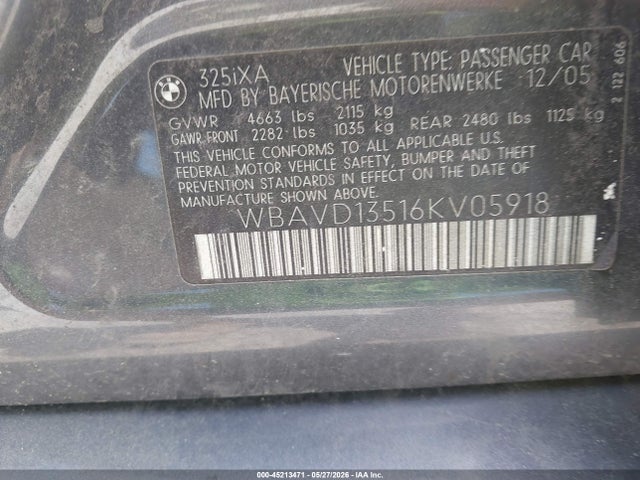 Продажа на аукционе авто 2006 Bmw 325xi, vin: WBAVD13516KV05918, номер лота: 45213471