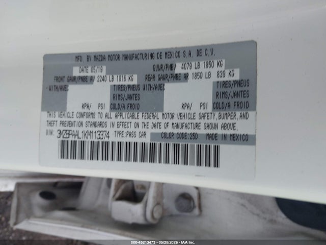 Aukcja sprzedaży 2019 Mazda Mazda3 Select Package, vin: 3MZBPAAL1KM113374, numer aukcji: 45213473