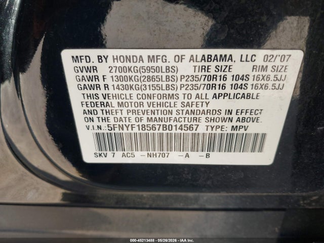 Продаж на аукціоні авто 2007 Honda Pilot Ex-l, vin: 5FNYF18567B014567, номер лоту: 45213488