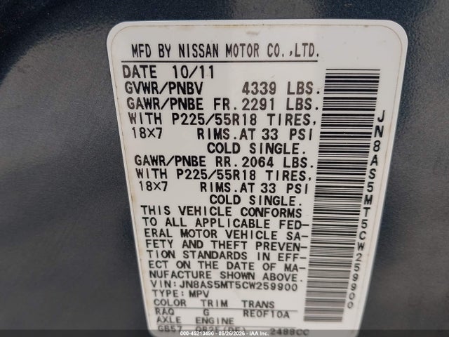 Продаж на аукціоні авто 2012 Nissan Rogue Sv W/sl Pkg, vin: JN8AS5MT5CW259900, номер лоту: 45213490