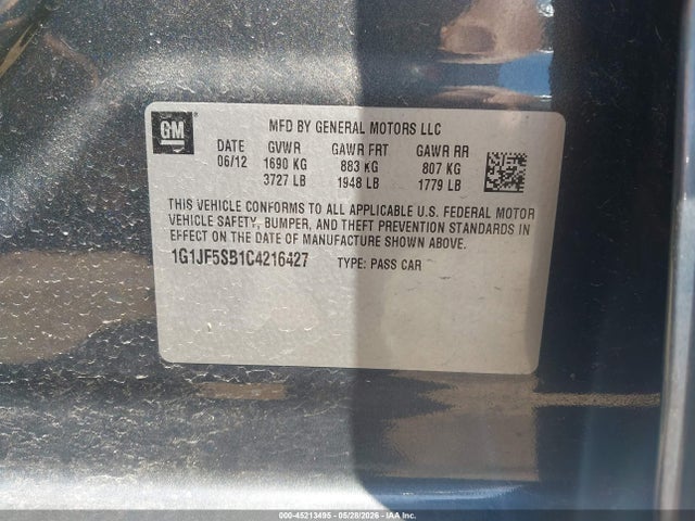 Продаж на аукціоні авто 2012 Chevrolet Sonic 1lz, vin: 1G1JF5SB1C4216427, номер лоту: 45213495