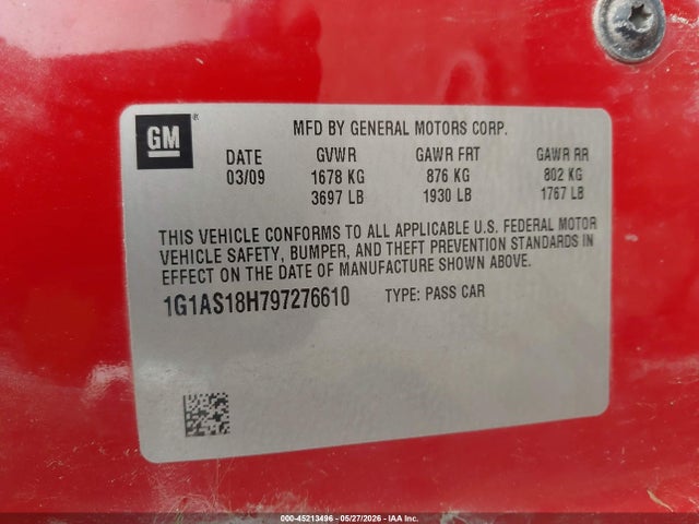 Продаж на аукціоні авто 2009 Chevrolet Cobalt Ls, vin: 1G1AS18H797276610, номер лоту: 45213496