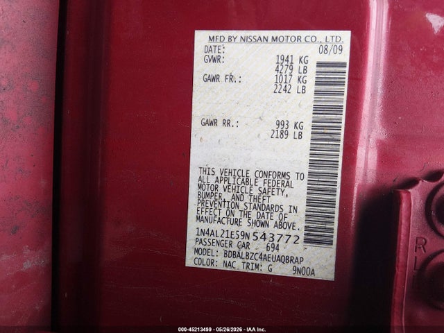 45213499 :رقم المزاد ، 1N4AL21E59N543772 vin ، 2009 Nissan Altima 2.5 S مزاد بيع