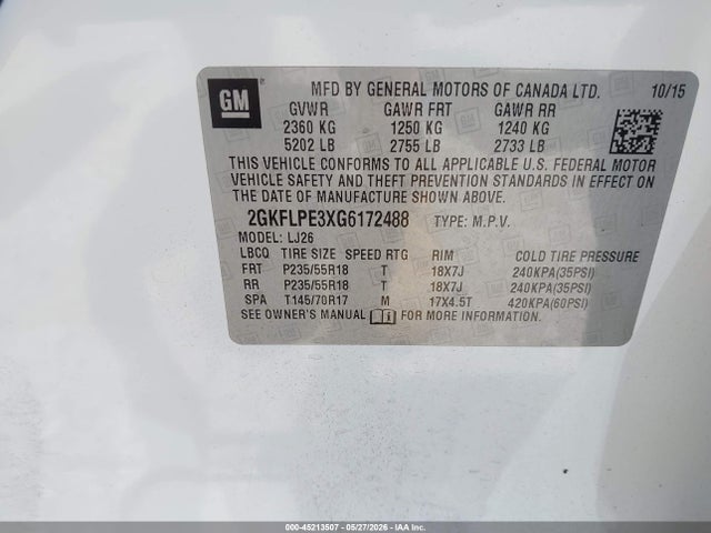 Auction sale of the 2016 Gmc Terrain Slt, vin: 2GKFLPE3XG6172488, lot number: 45213507