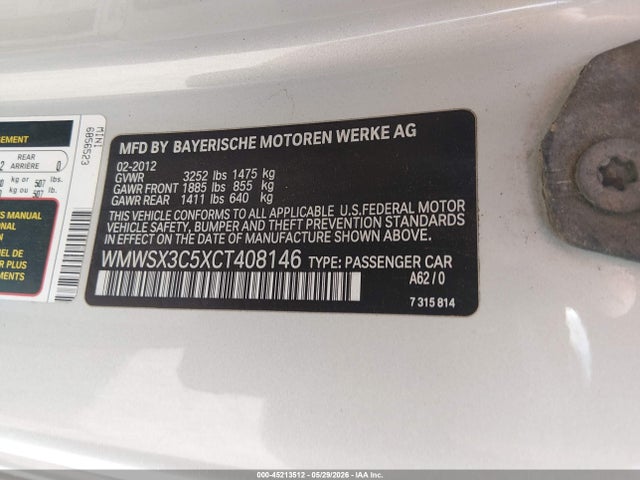 Aukcja sprzedaży 2012 Mini Cooper S, vin: WMWSX3C5XCT408146, numer aukcji: 45213512