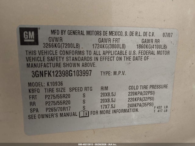 Aukcja sprzedaży 2008 Chevrolet Avalanche 1500 Ltz, vin: 3GNFK12398G103997, numer aukcji: 45213513