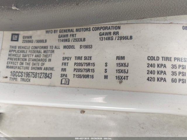 2005 Chevrolet Colorado მანქანა იყიდება აუქციონზე, vin: 1GCCS196758127843, აუქციონის ნომერი: 45213515