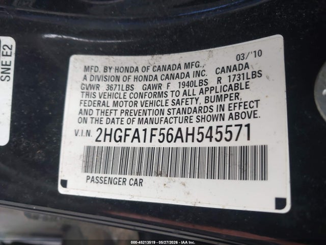 Auction sale of the 2010 Honda Civic Lx, vin: 2HGFA1F56AH545571, lot number: 45213519