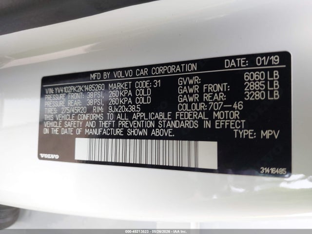 Aukcja sprzedaży 2019 Volvo Xc90 T5 Momentum, vin: YV4102PK2K1485260, numer aukcji: 45213523