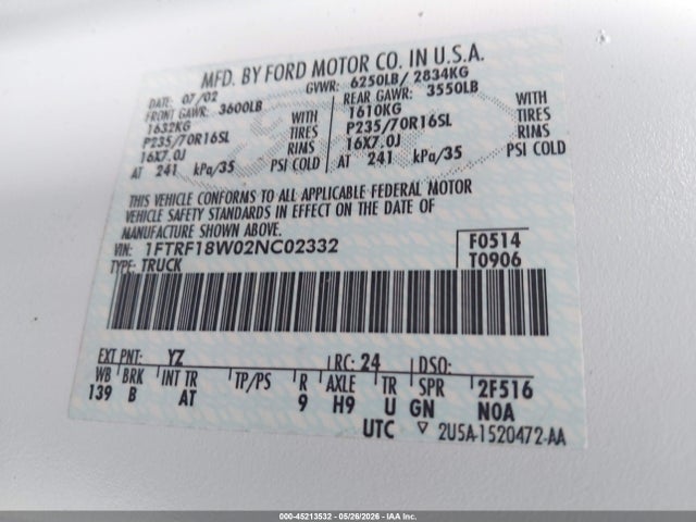 Продаж на аукціоні авто 2002 Ford F-150 Xl/xlt, vin: 1FTRF18W02NC02332, номер лоту: 45213532
