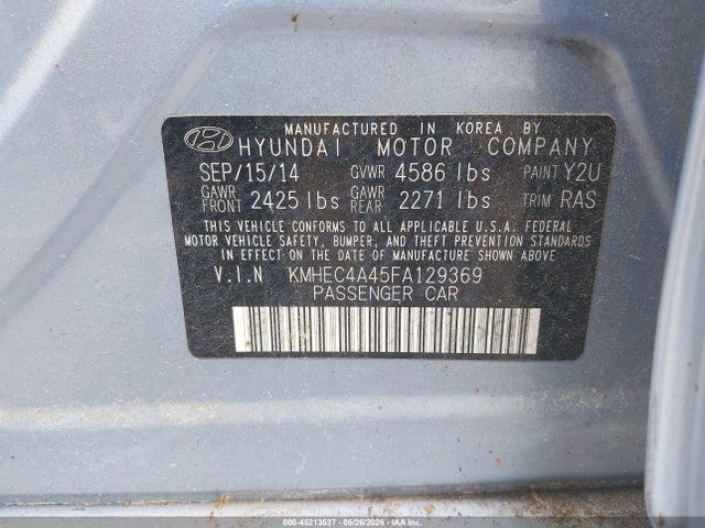 2015 Hyundai Sonata Hybrid Limited მანქანა იყიდება აუქციონზე, vin: KMHEC4A45FA129369, აუქციონის ნომერი: 45213537