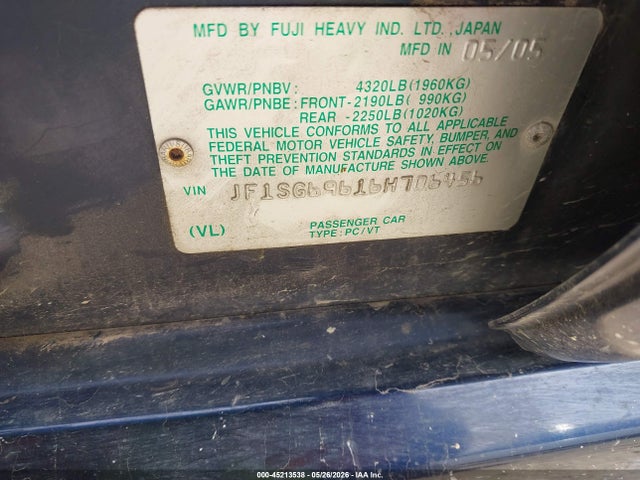 2006 Subaru Forester 2.5xt Limited მანქანა იყიდება აუქციონზე, vin: JF1SG69616H706456, აუქციონის ნომერი: 45213538