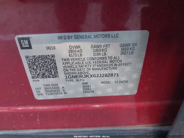 45213542 :رقم المزاد ، 1GNERJKX6JJ282871 vin ، 2018 Chevrolet Traverse Rs مزاد بيع
