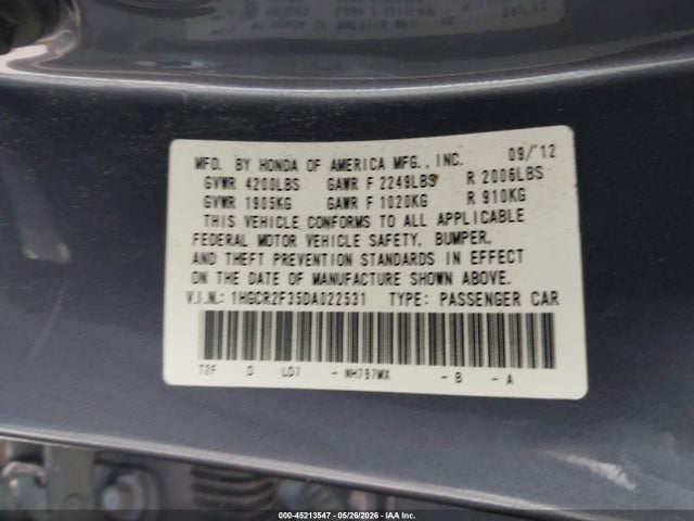 2013 Honda Accord Lx მანქანა იყიდება აუქციონზე, vin: 1HGCR2F35DA022531, აუქციონის ნომერი: 45213547