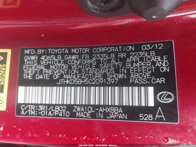 45213555 :رقم المزاد ، JTHKD5BH5C2091397 vin ، 2012 Lexus Ct 200h Premium مزاد بيع