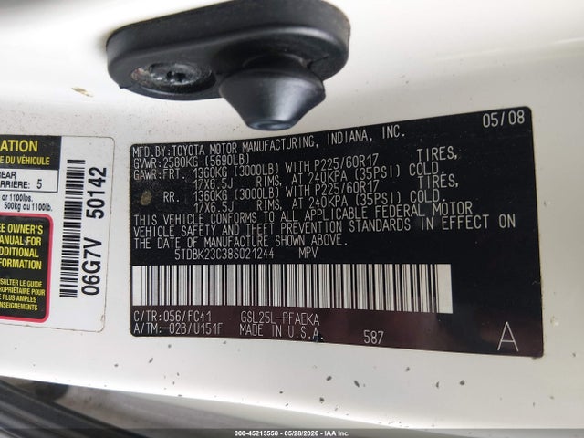 2008 Toyota Sienna Le მანქანა იყიდება აუქციონზე, vin: 5TDBK23C38S021244, აუქციონის ნომერი: 45213558