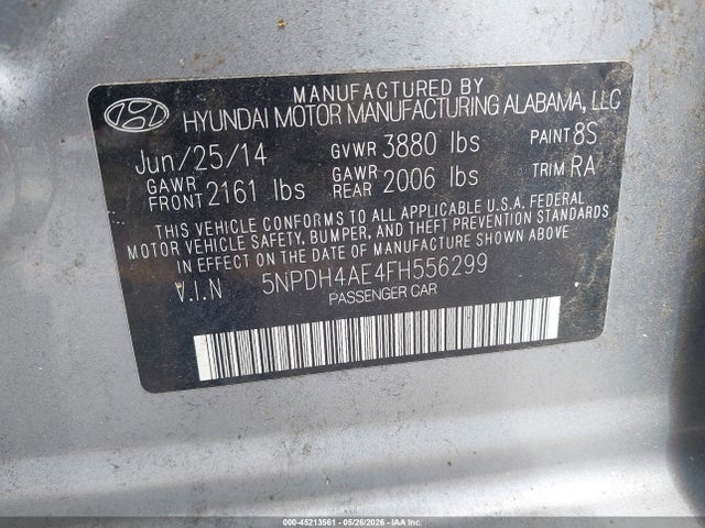 45213561 :رقم المزاد ، 5NPDH4AE4FH556299 vin ، 2015 Hyundai Elantra Se مزاد بيع