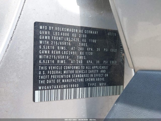 Aukcja sprzedaży 2016 Volkswagen Tiguan S, vin: WVGAV7AX4GW519940, numer aukcji: 45213563