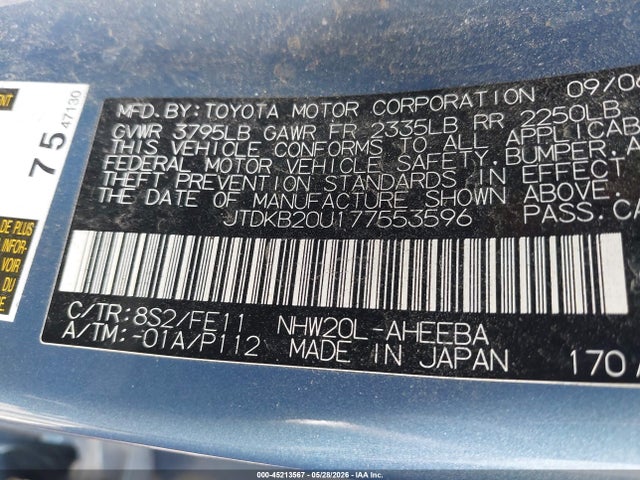 Aukcja sprzedaży 2007 Toyota Prius, vin: JTDKB20U177553596, numer aukcji: 45213567
