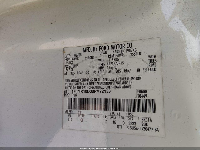 Aukcja sprzedaży 2008 Ford Ranger Xl/xlt, vin: 1FTYR10D38PA72153, numer aukcji: 45213569