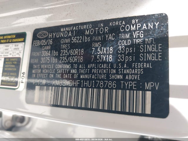 Aukcja sprzedaży 2017 Hyundai Santa Fe Se, vin: KM8SMDHF1HU178786, numer aukcji: 45213570
