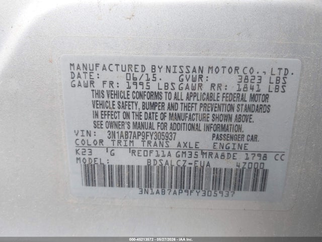 Продажа на аукционе авто 2015 Nissan Sentra S, vin: 3N1AB7AP9FY305937, номер лота: 45213572