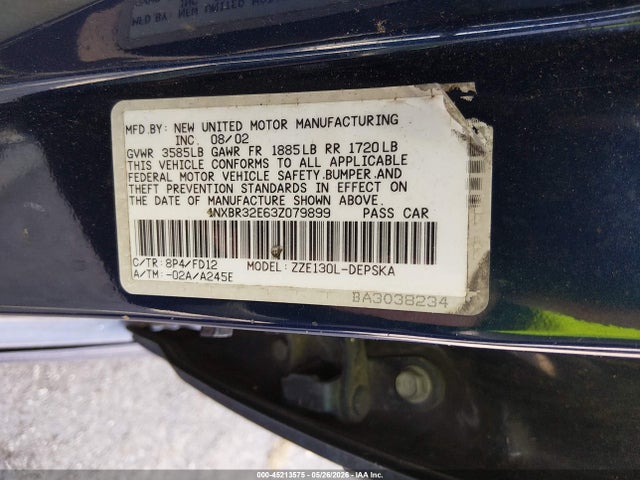 45213575 :رقم المزاد ، 1NXBR32E63Z079899 vin ، 2003 Toyota Corolla S مزاد بيع