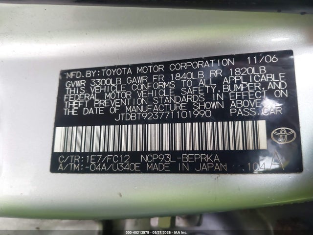 Продаж на аукціоні авто 2007 Toyota Yaris, vin: JTDBT923771101990, номер лоту: 45213579