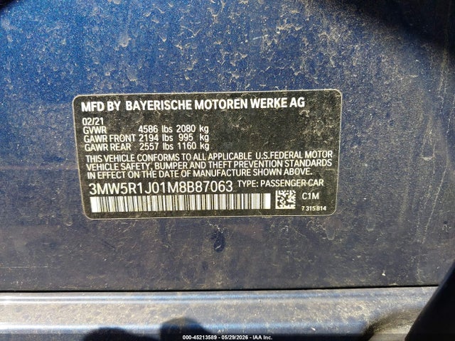 Aukcja sprzedaży 2021 Bmw 330i, vin: 3MW5R1J01M8B87063, numer aukcji: 45213589