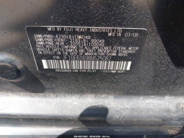 2008 Subaru Impreza 2.5i მანქანა იყიდება აუქციონზე, vin: JF1GE61698H525082, აუქციონის ნომერი: 45213592
