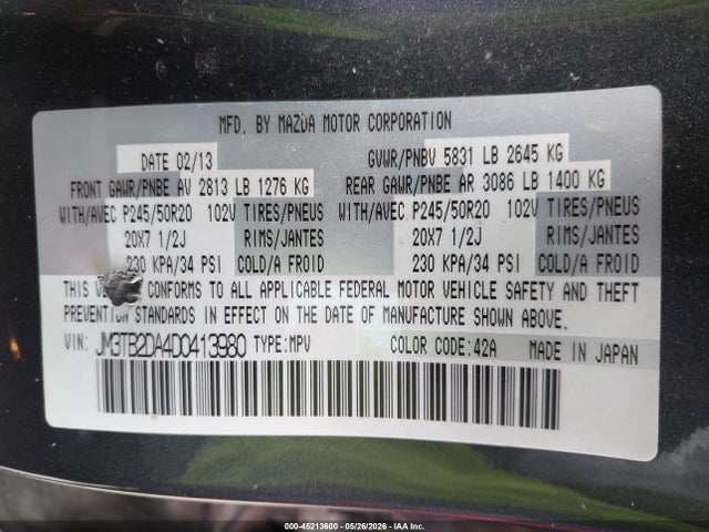 45213600 :رقم المزاد ، JM3TB2DA4D0413980 vin ، 2013 Mazda Cx-9 Grand Touring مزاد بيع