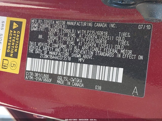 45213603 :رقم المزاد ، 2T2BK1BA4AC073518 vin ، 2010 Lexus Rx 350 مزاد بيع