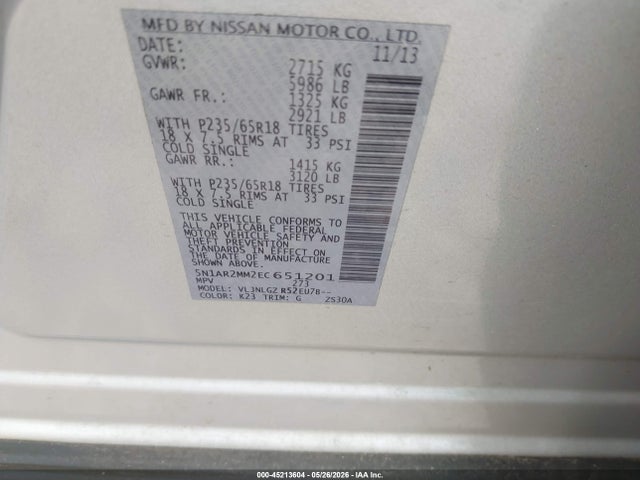 Aukcja sprzedaży 2014 Nissan Pathfinder Sl, vin: 5N1AR2MM2EC651201, numer aukcji: 45213604