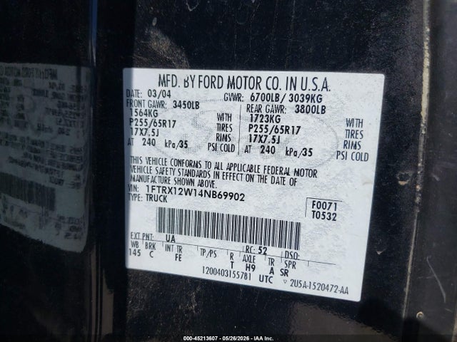 Продажа на аукционе авто 2004 Ford F-150 Stx/xl/xlt, vin: 1FTRX12W14NB69902, номер лота: 45213607