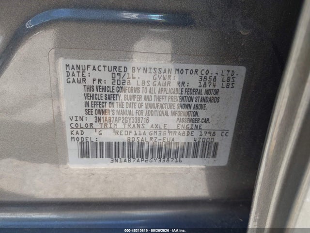 2016 Nissan Sentra Sr მანქანა იყიდება აუქციონზე, vin: 3N1AB7AP2GY338716, აუქციონის ნომერი: 45213619