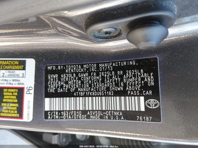 45213630 :رقم المزاد ، 4T1BF1FK8DU651182 vin ، 2013 Toyota Camry Le مزاد بيع