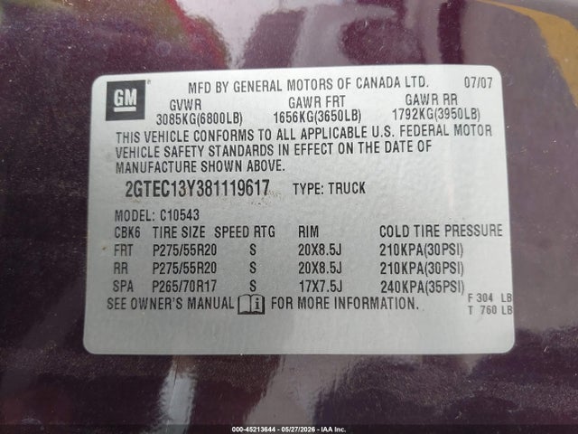 Продажа на аукционе авто 2008 Gmc Sierra 1500 Slt, vin: 2GTEC13Y381119617, номер лота: 45213644