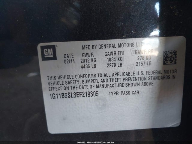 45213645 :رقم المزاد ، 1G11B5SL8EF219305 vin ، 2014 Chevrolet Malibu 1ls مزاد بيع