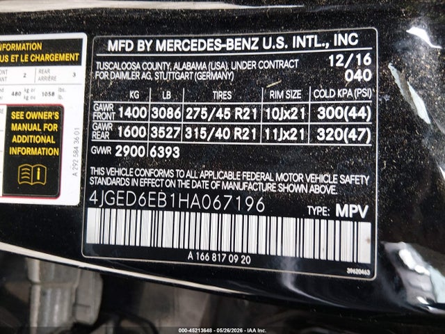 45213648 :رقم المزاد ، 4JGED6EB1HA067196 vin ، 2017 Mercedes-benz Amg Gle 43 Coupe 4matic مزاد بيع