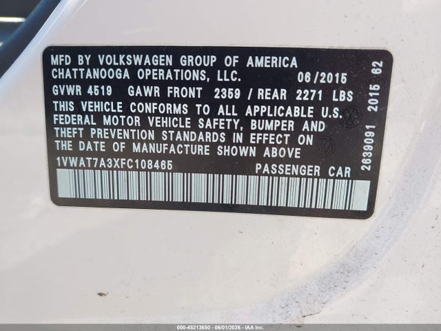 Продаж на аукціоні авто 2015 Volkswagen Passat 1.8t Limited Edition, vin: 1VWAT7A3XFC108465, номер лоту: 45213650