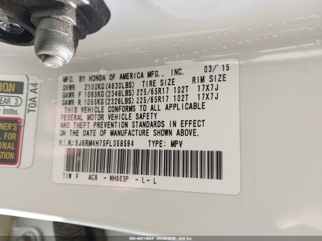 Honda Cr-v Ex-l 2015 5J6RM4H75FL058594 Image 9