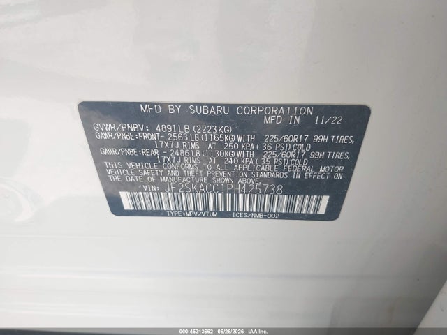2023 Subaru Forester მანქანა იყიდება აუქციონზე, vin: JF2SKACC1PH425738, აუქციონის ნომერი: 45213662